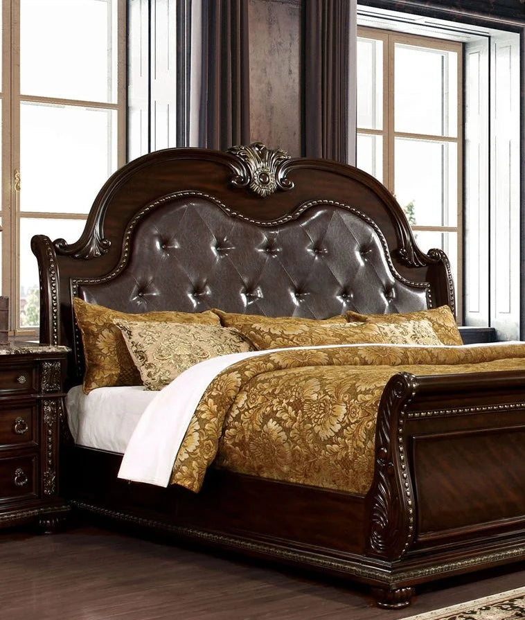 Brown Cherry King Bed Sleigh Tufted Design 7k