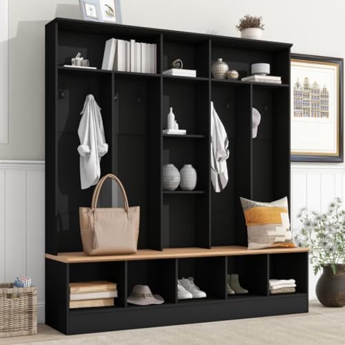 72" H Hall Tree with Storage Bench & Shoe Cabinet, Coat Rack with 8 Hooks, Black k7
