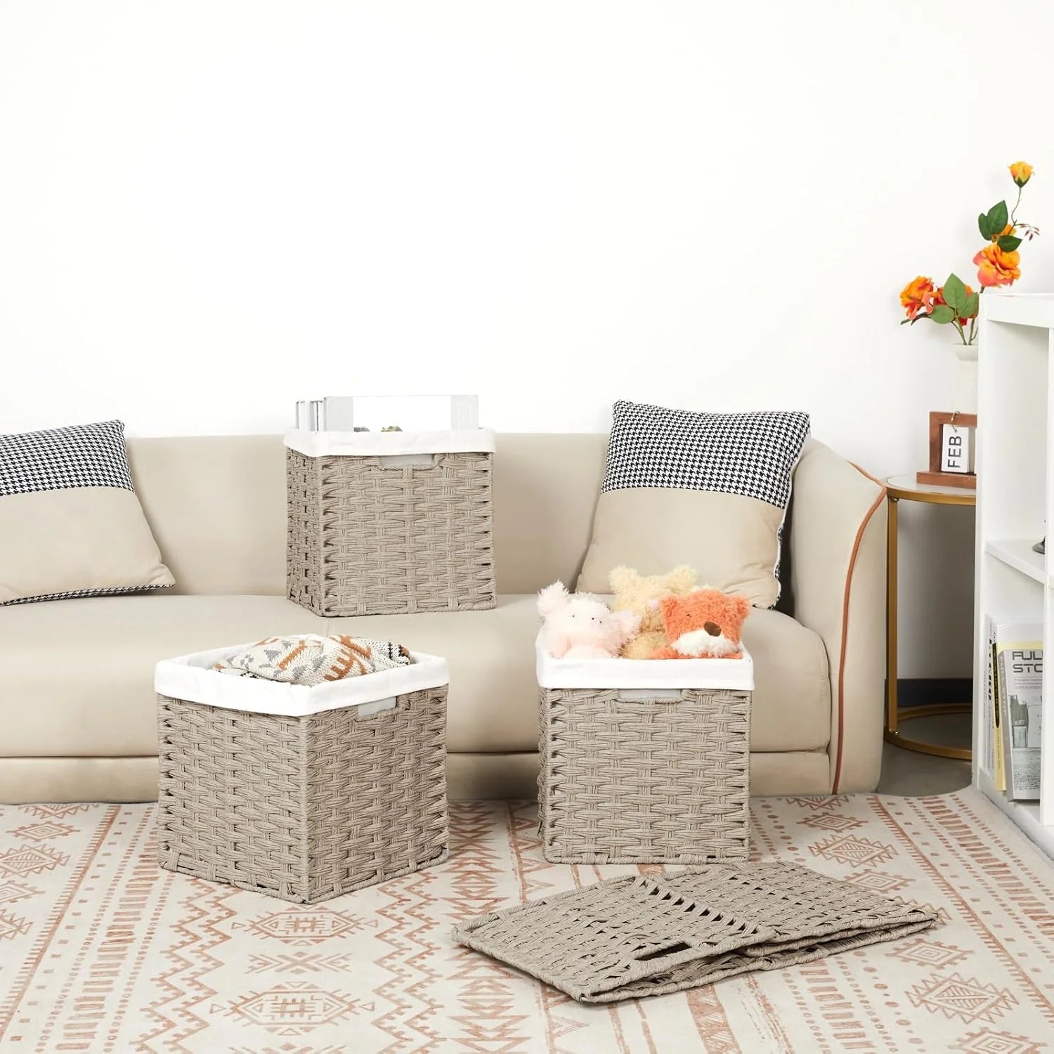 Wicker Storage Baskets 4-Pack with Liners for Shelves a7
