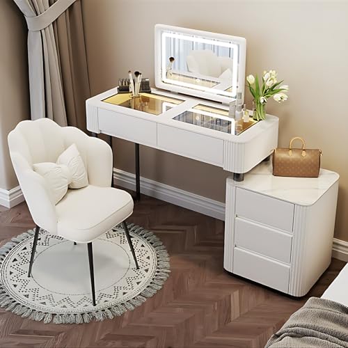 Vanity Table with Drawers - Fashion Vanity Table Set | LED Makeup Mirror & Chair Included | Solid Wood Bedroom Vanity | Atmosphere Light Design | New Makeup Experience (White, 40")