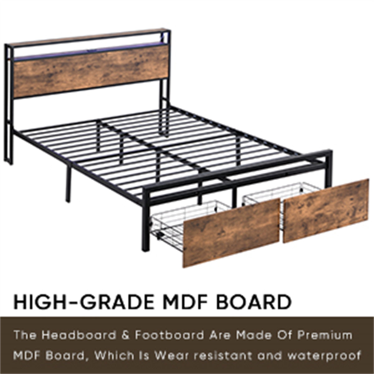 Queen Size Bed Frame with Storage Headboard and Drawers LED Lights A7