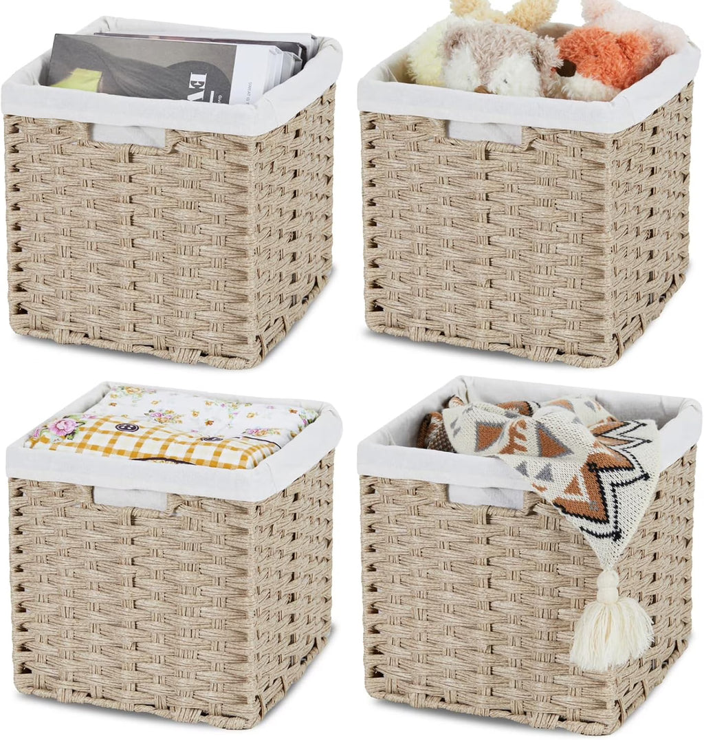 Wicker Storage Baskets for Organizing 4-Pack Hand-Woven Imitation Wicker Cube Storage Bins with Liners for Shelves Closet Cabinet 11x11 Waterproof Cube Organizer for Pantry-Greyish Beige