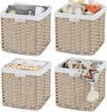 Wicker Storage Baskets for Organizing 4-Pack Hand-Woven Imitation Wicker Cube Storage Bins with Liners for Shelves Closet Cabinet 11x11 Waterproof Cube Organizer for Pantry-Greyish Beige
