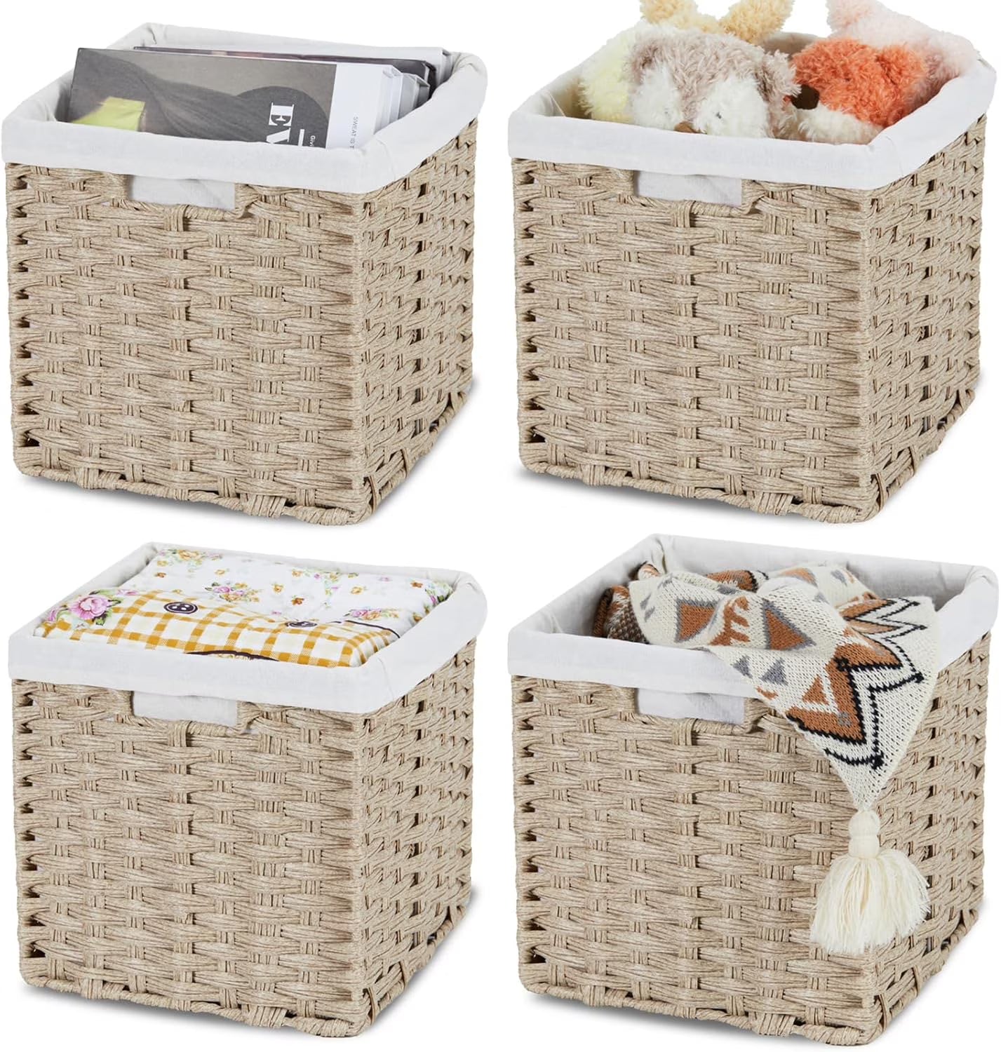 Wicker Storage Baskets for Organizing 4-Pack Hand-Woven Imitation Wicker Cube Storage Bins with Liners for Shelves Closet Cabinet 11x11 Waterproof Cube Organizer for Pantry-Greyish Beige