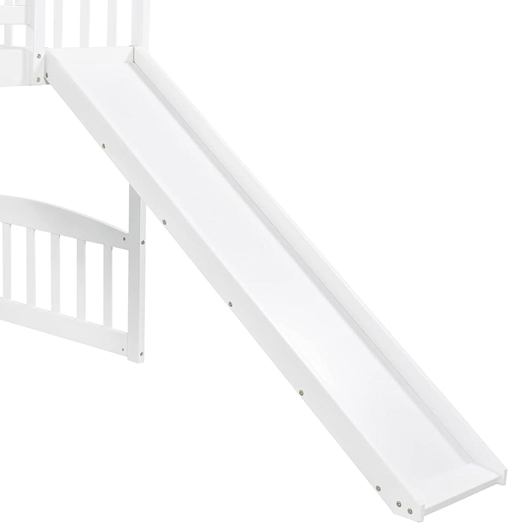 Loft Bed with Slide and Stairs, Wooden Frame with Storage, White k7