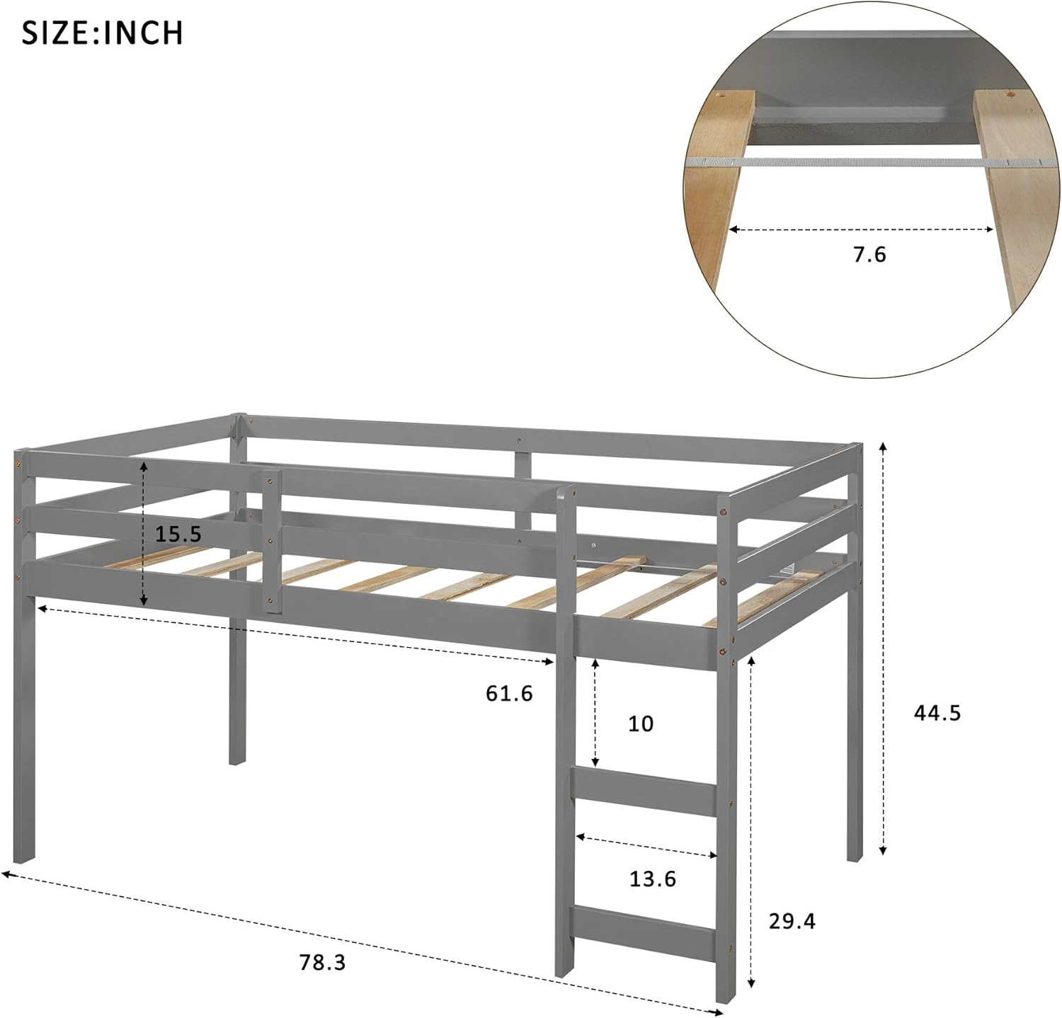 Twin Study Loft Bed with Rolling Desk and Bookcase Gray A7