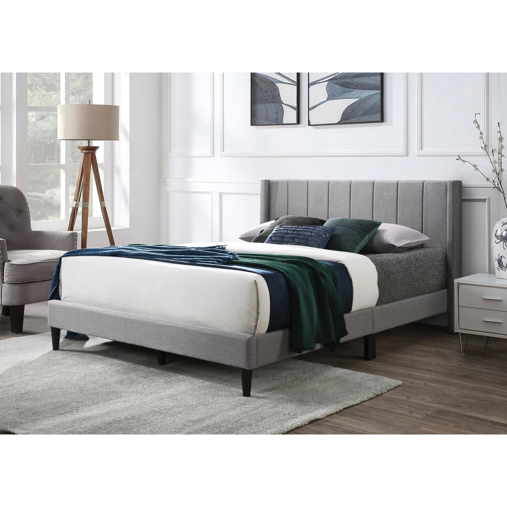 King Size Tufted Wingback Platform Bed Grey Linen k7