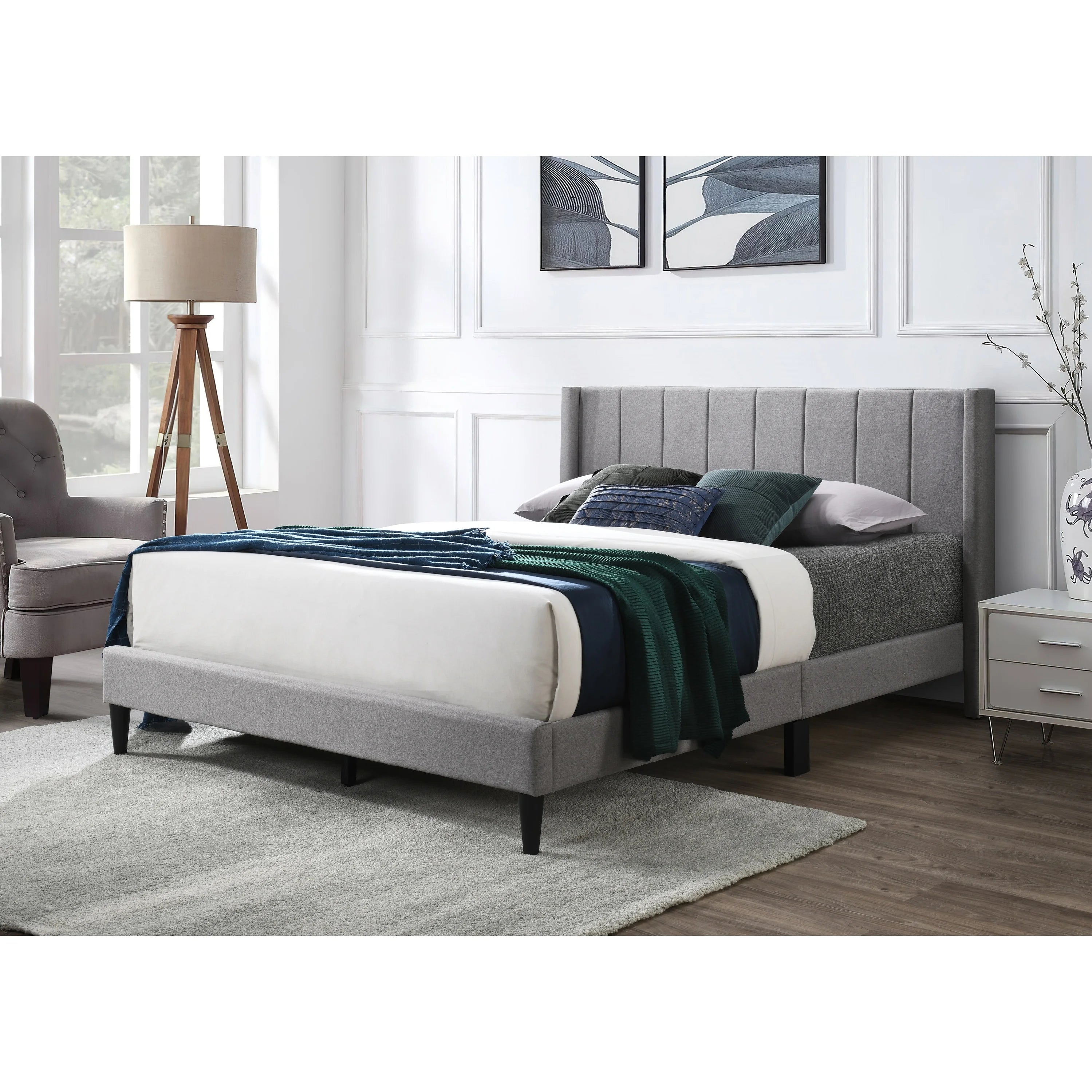 King Size Tufted Wingback Platform Bed Grey Linen k7