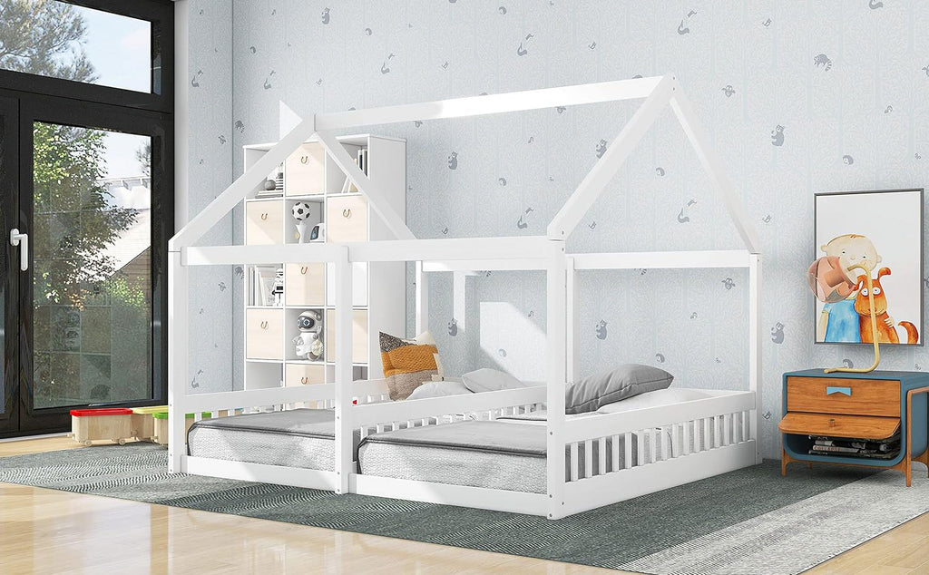 Kids Double Bed Wooden Floor Tent Style White A7