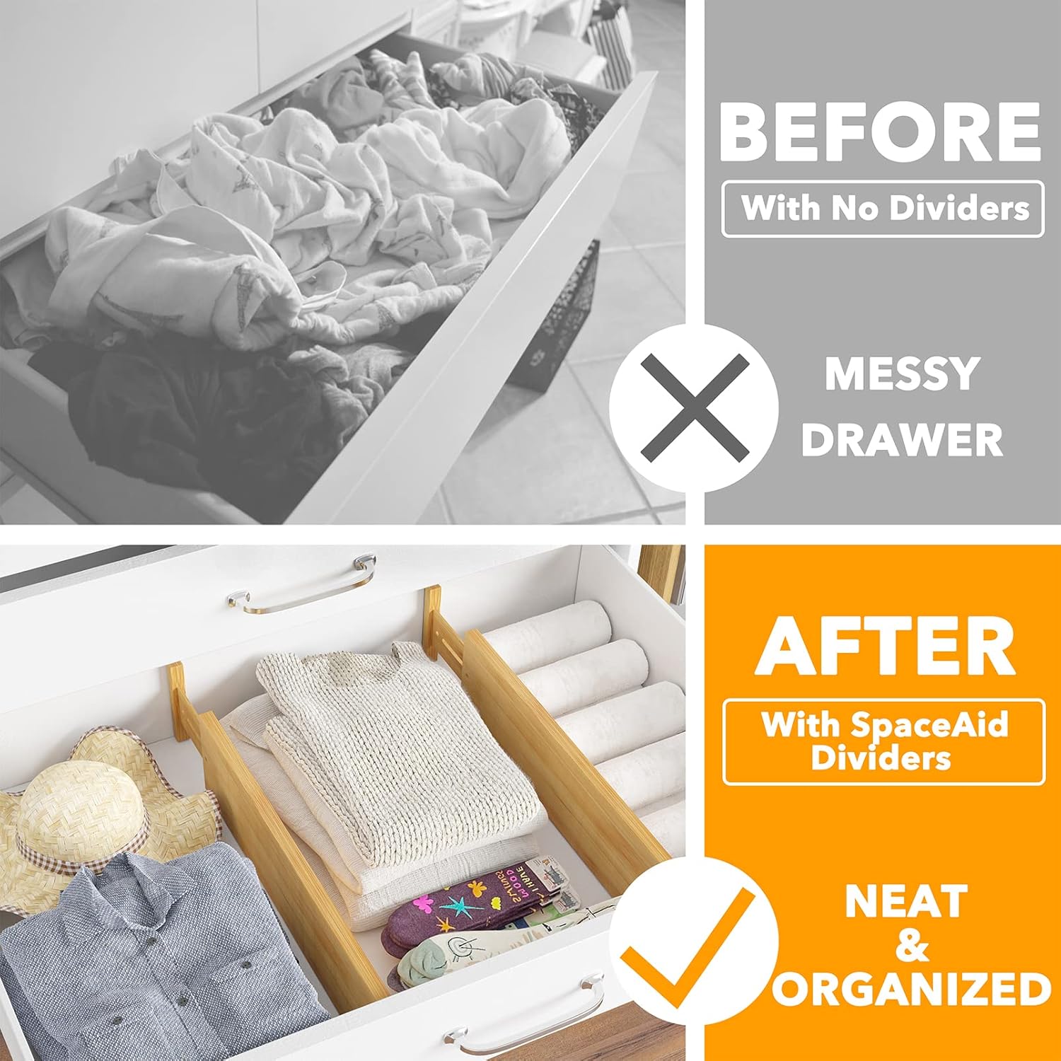 Bamboo Deep Drawer Dividers with Labels, Adjustable Organizer 2 Pack x7