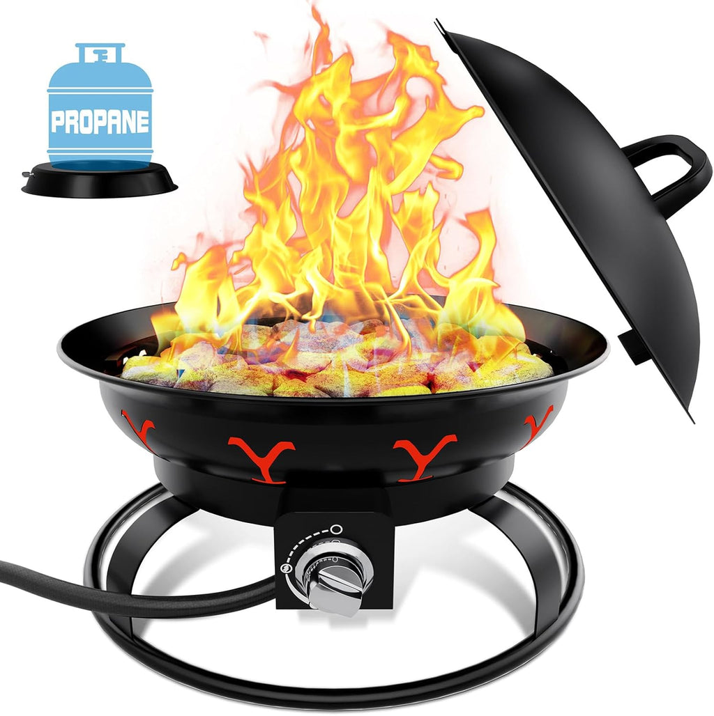 Portable Propane Fire Pit for Camping - Outdoor Gas Firepit for Outside Patio Small Campfire Pits with Lid Round Fireplace