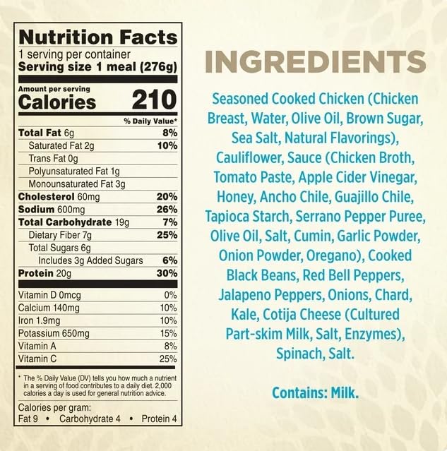 Spicy Black Bean Chicken Cauliflower Frozen Meal 9.25oz Pack of 6 k7