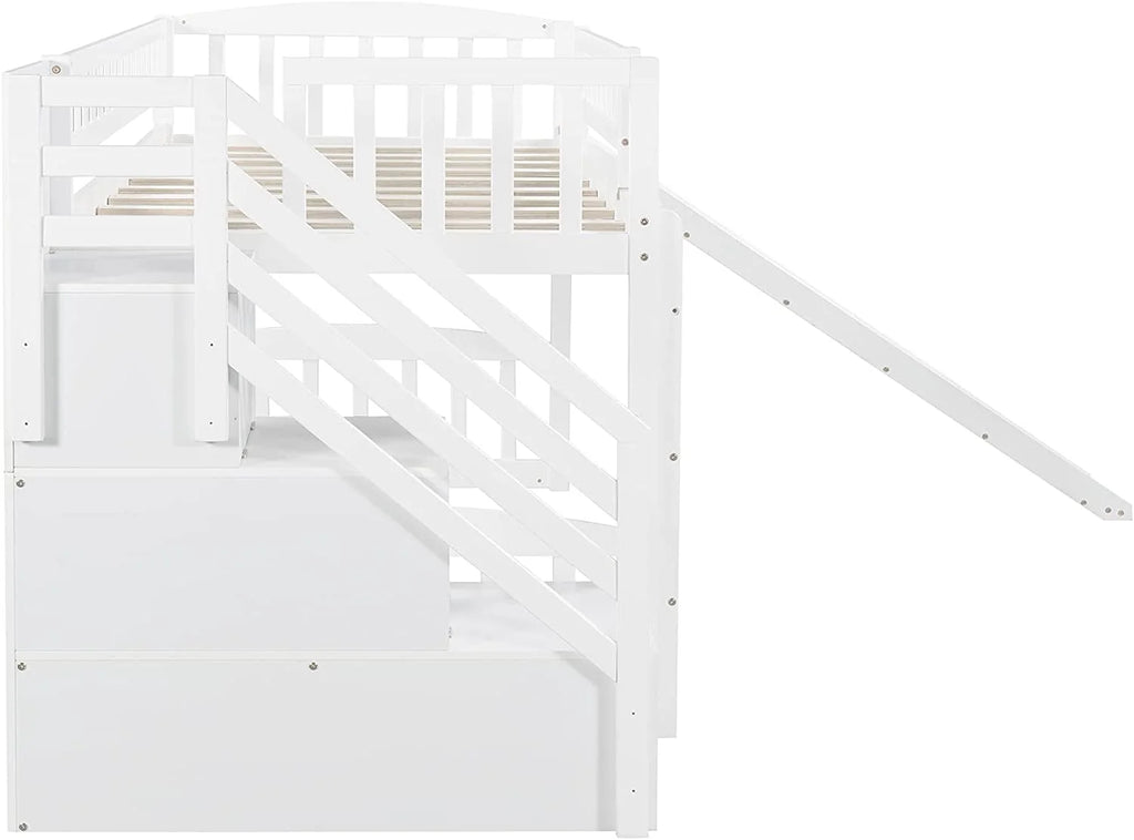 Loft Bed with Slide and Stairs, Wooden Frame with Storage, White k7