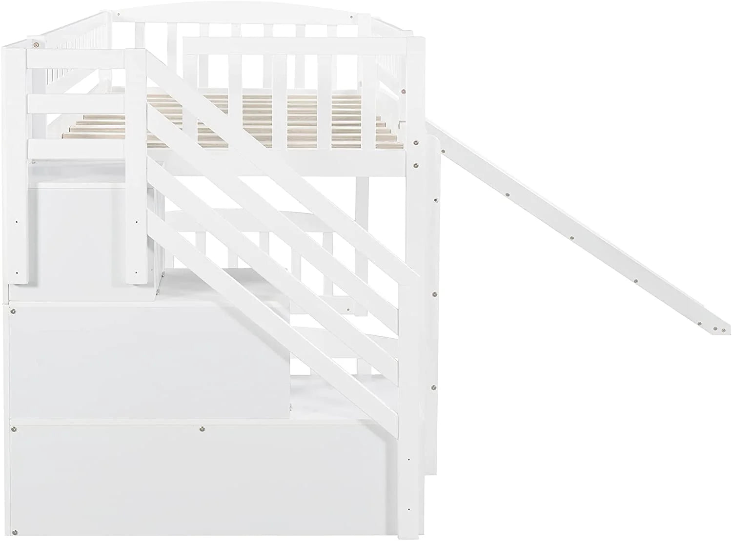 Loft Bed with Slide and Stairs, Wooden Frame with Storage, White k7