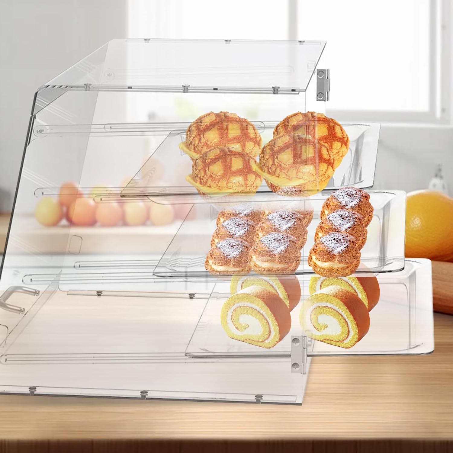 Acrylic Pastry Display Case, 3 Tray Countertop, Rear Door Access 7k