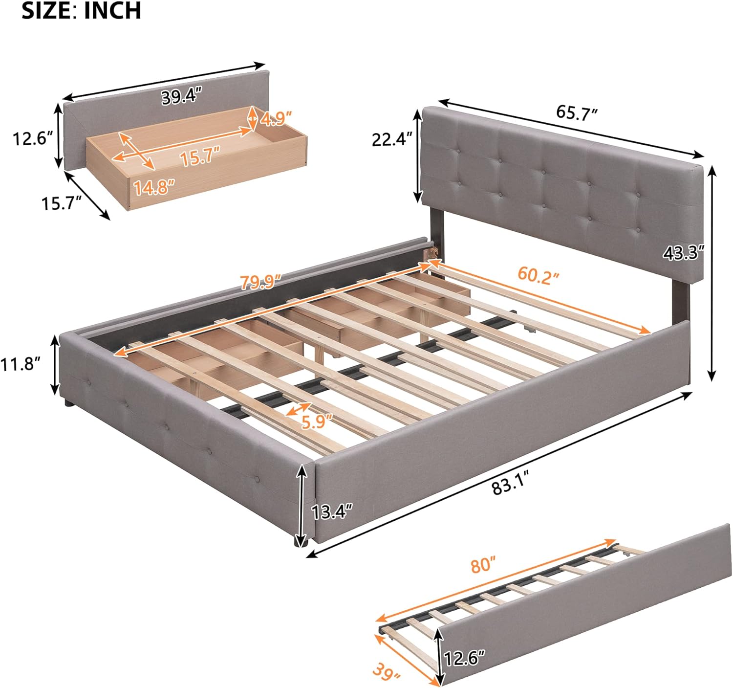 Upholstered Platform Bed with Storage Drawers, Light Gray Q7