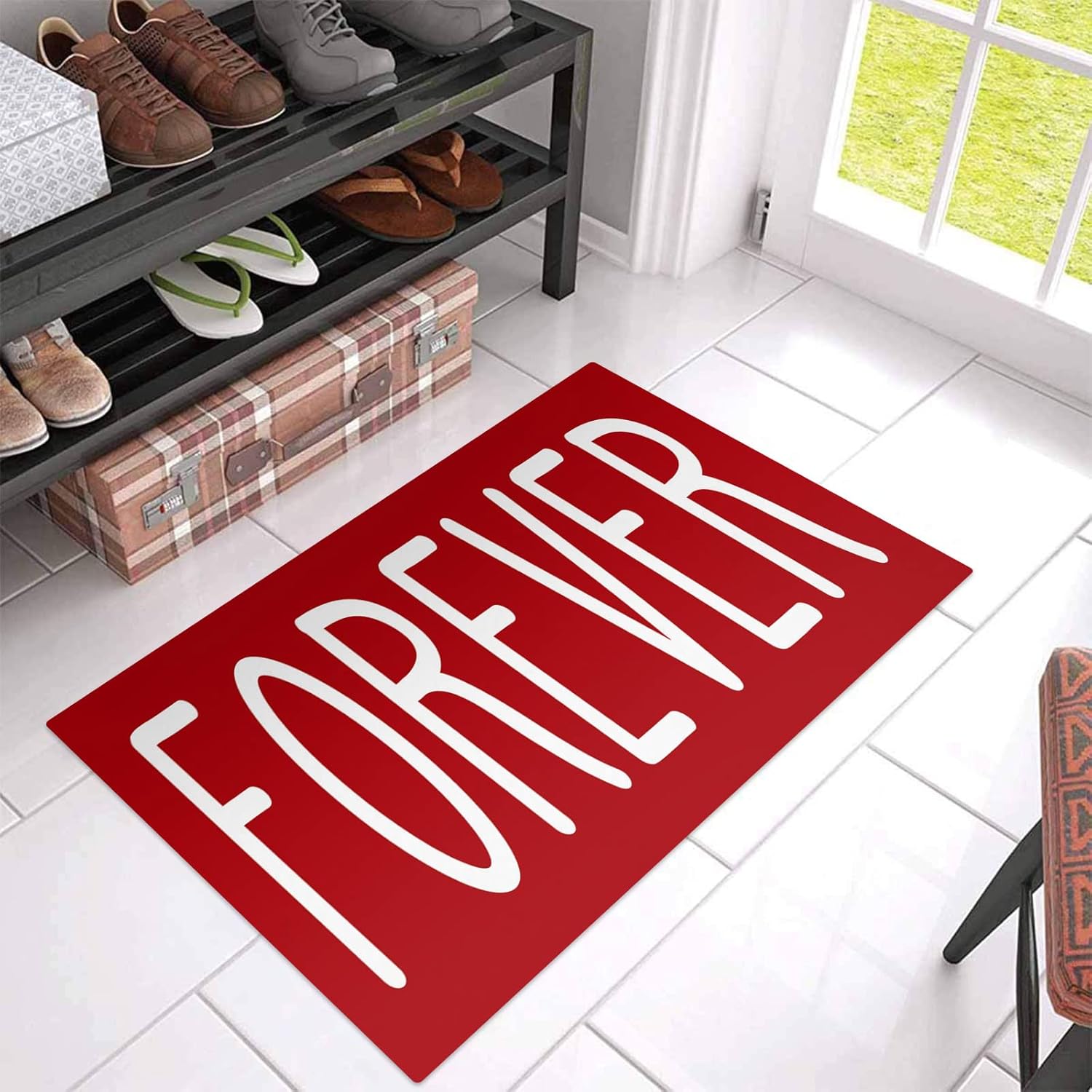 Indoor Door Mat Valentine's Day Forever Texts Non Slip Front Door Welcome Rugs, White Quote on Red Floor Entrance Doormats for Kitchen Bathroom Living Room Entryway