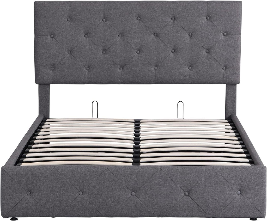 Upholstered Platform Bed with Gas Lift Storage Grey k7