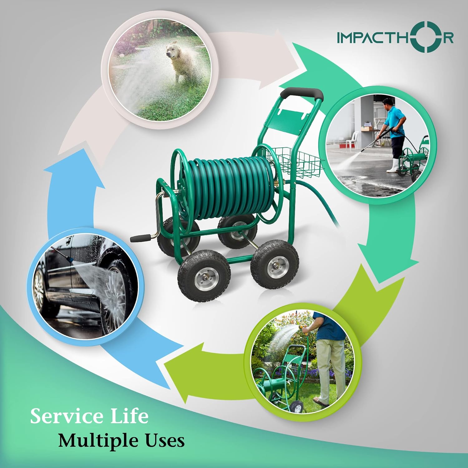 Garden Hose Reel Cart with Wheels, Heavy Duty, Waterproof Cover A7