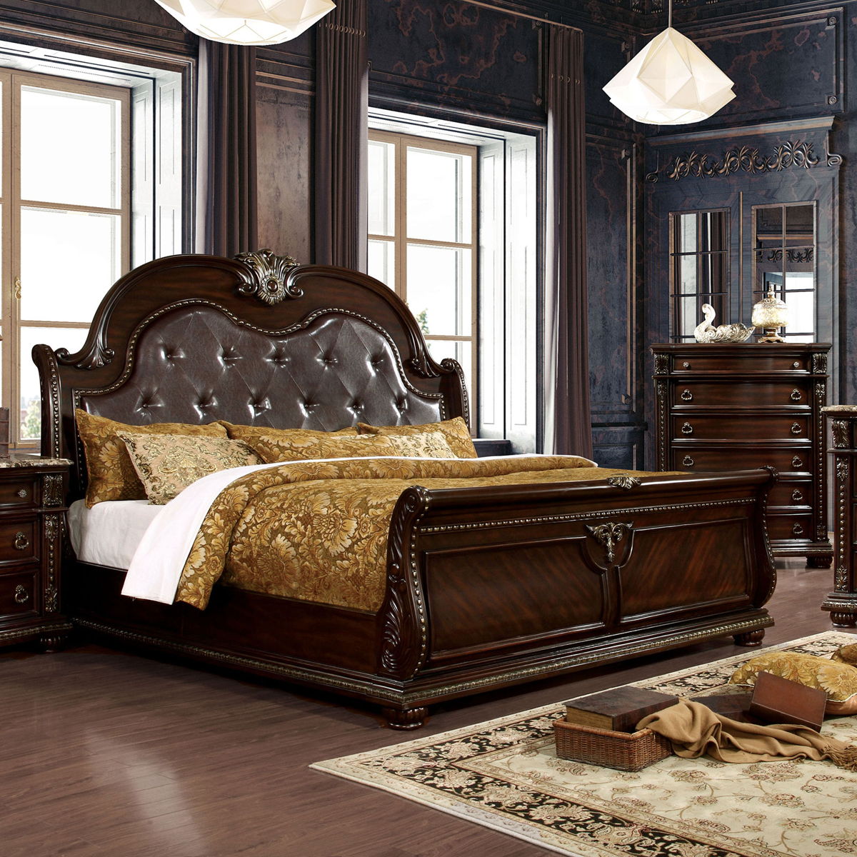 Brown Cherry King Bed Sleigh Tufted Design 7k