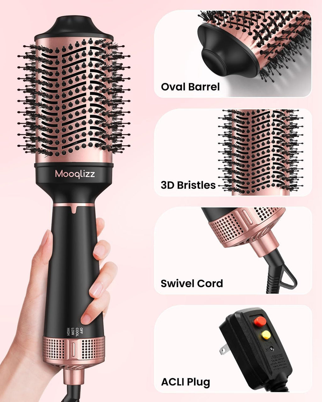 Hair Dryer Brush Volumizer Round Brush 4 in 1 Fast Drying Pink Black k7