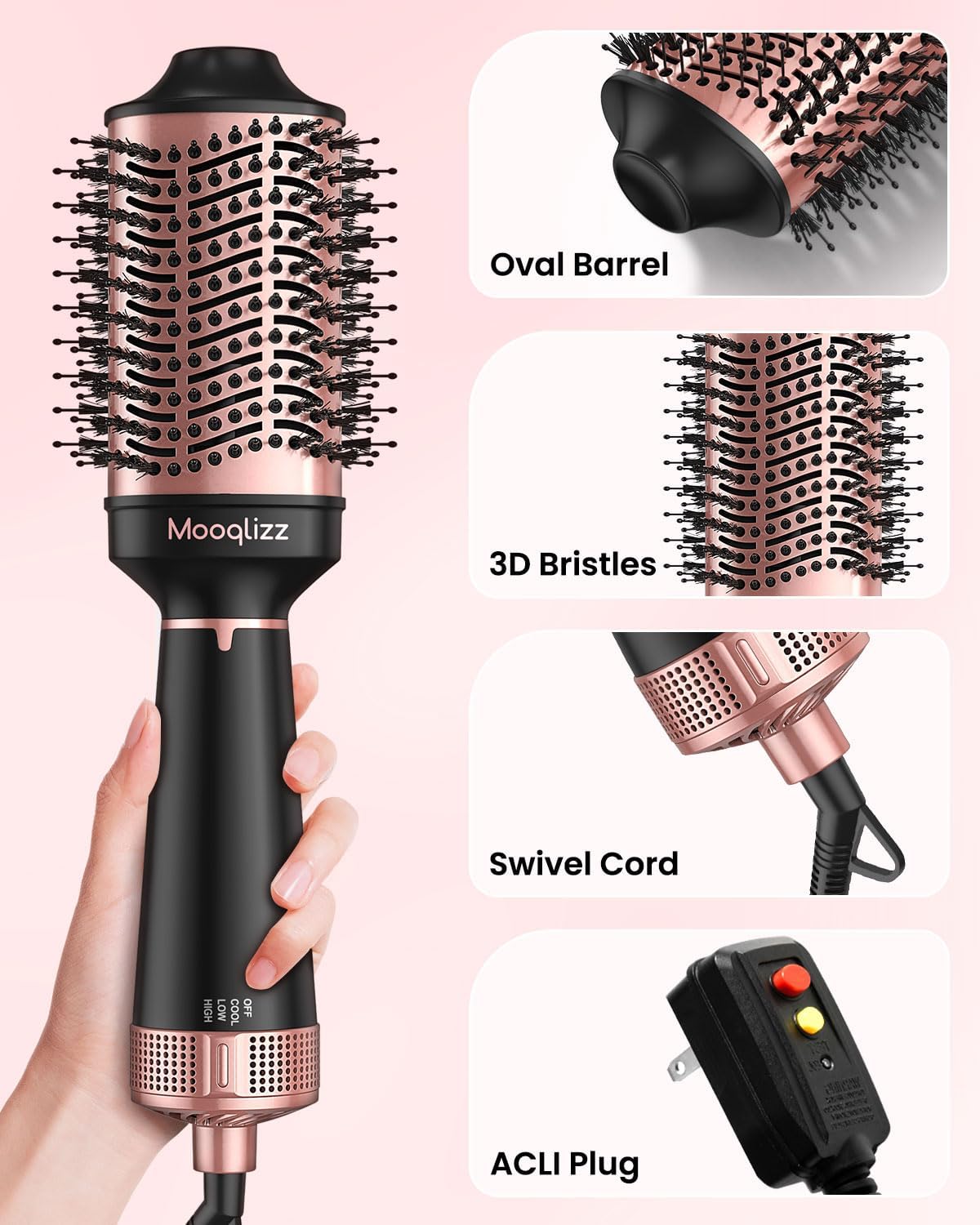 Hair Dryer Brush Volumizer Round Brush 4 in 1 Fast Drying Pink Black k7