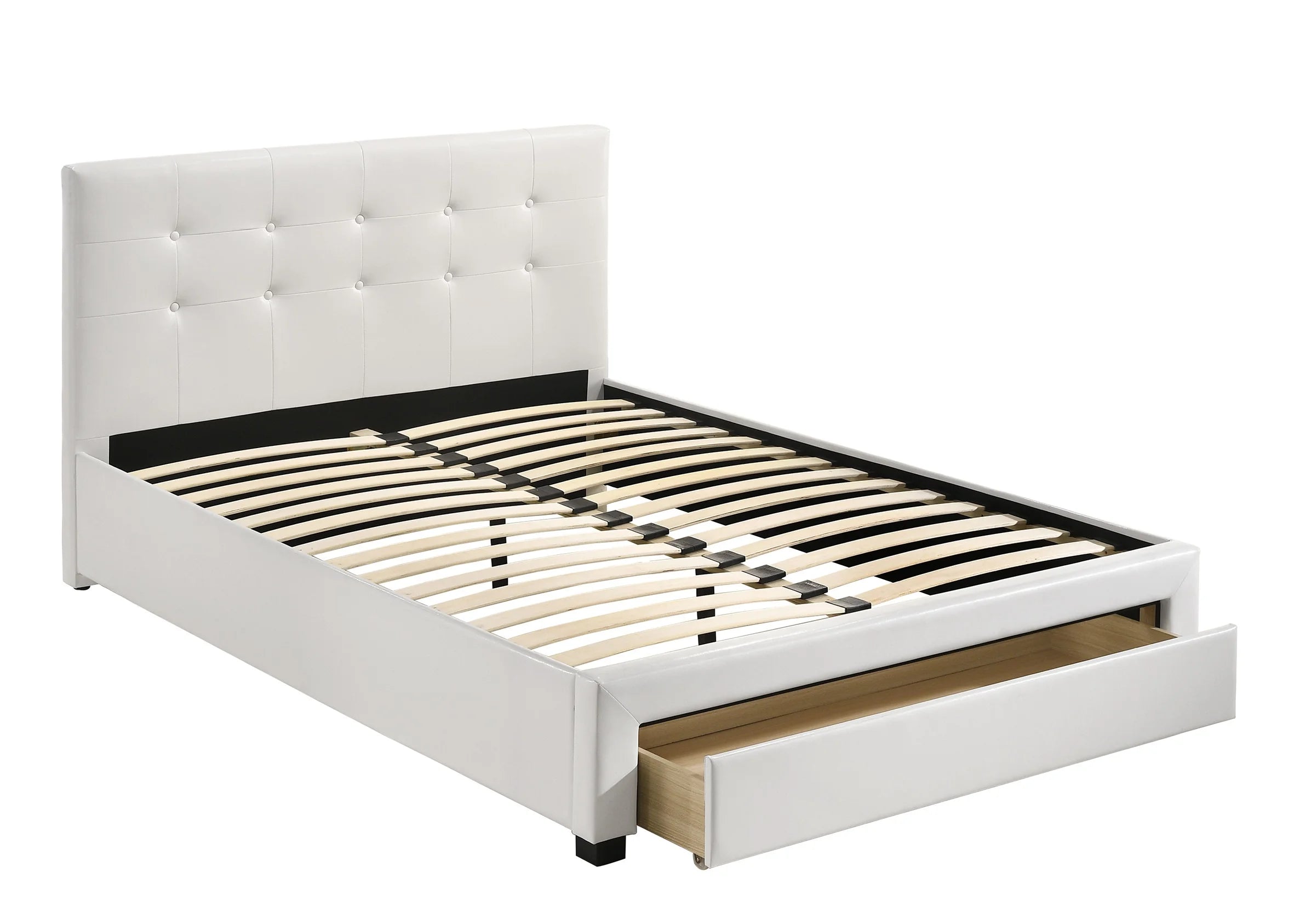 White Full Size Bed with Underbed Storage Drawers Wooden Tufted Upholstered Faux Leather A7
