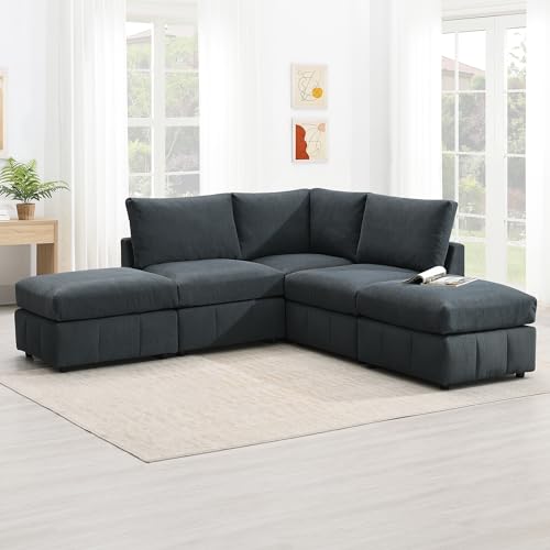 93" L-Shaped Sectional Sofa with 2 Ottomans, Dark Grey Corduroy q7