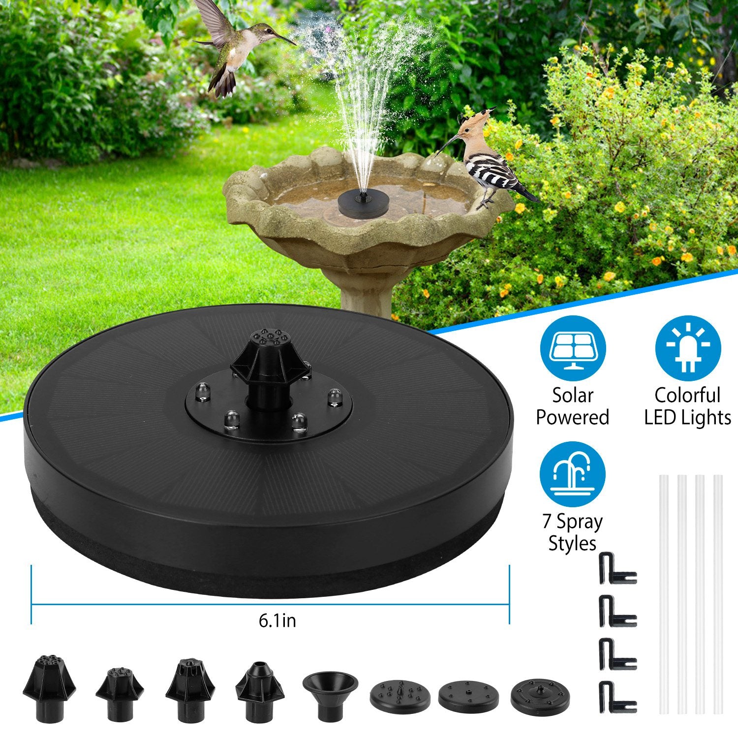 Solar Powered Fountain Pump Floating Bird Bath Pond Pump LED Lights 7 Nozzles k9