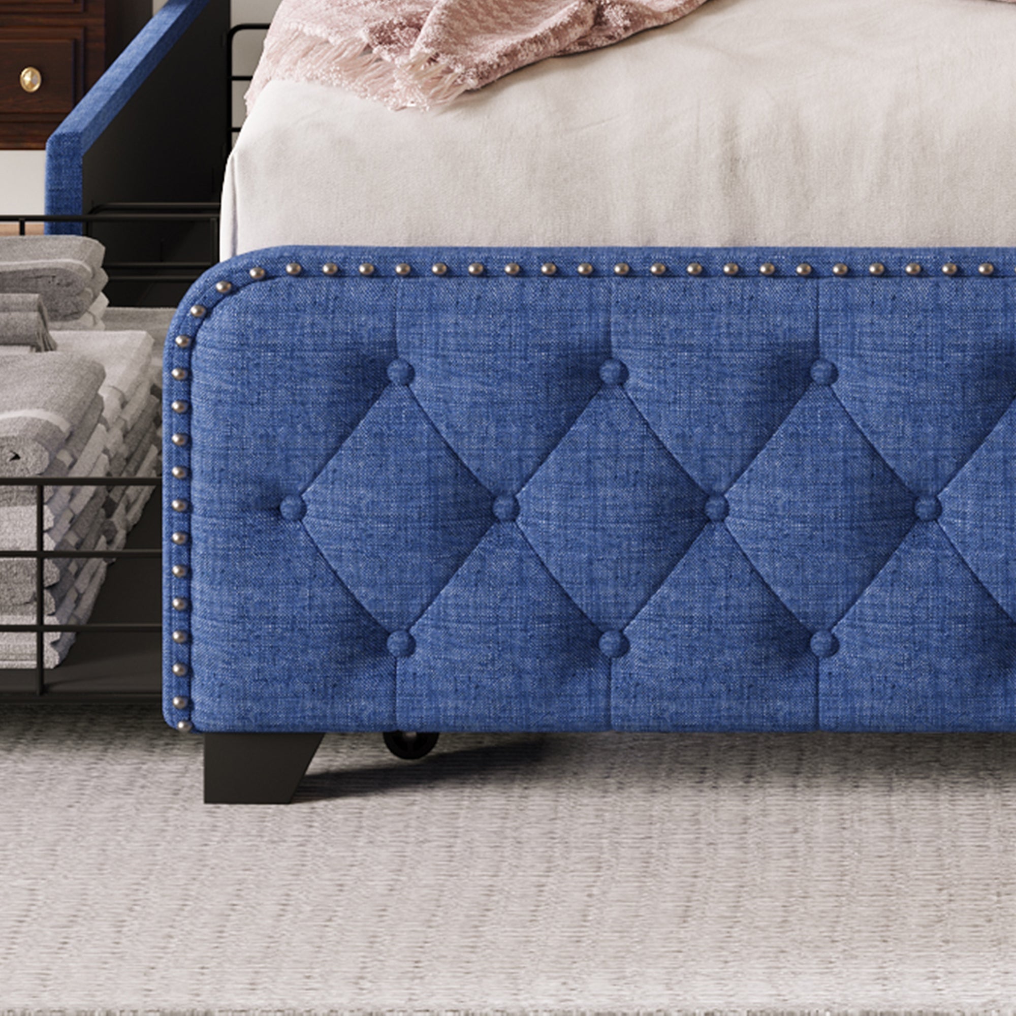 Upholstered Platform Bed Frame with Drawers, Tufted Headboard, Full A7