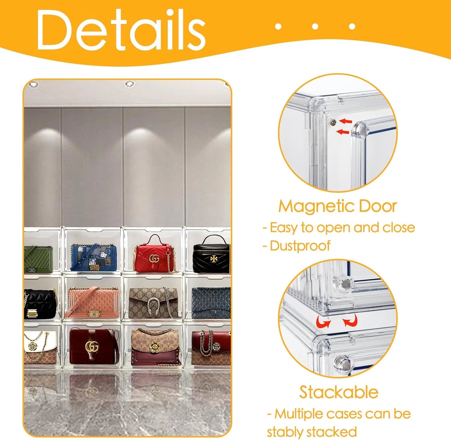 Acrylic Purse Organizer Box with Magnetic Door Stackable Storage a7