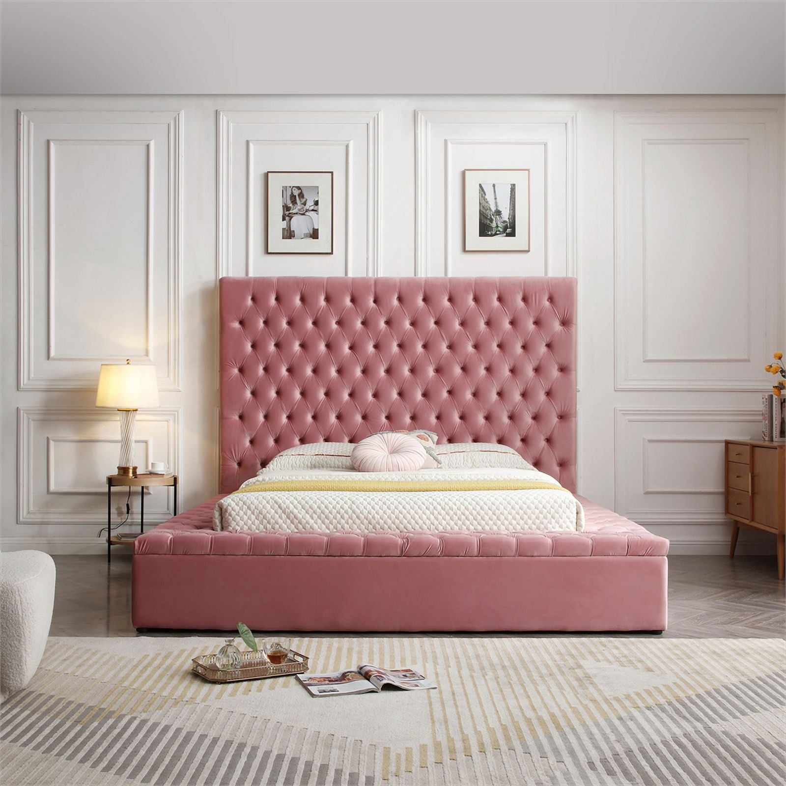 Velvet Upholstered Platform Queen Bed Pink k7m