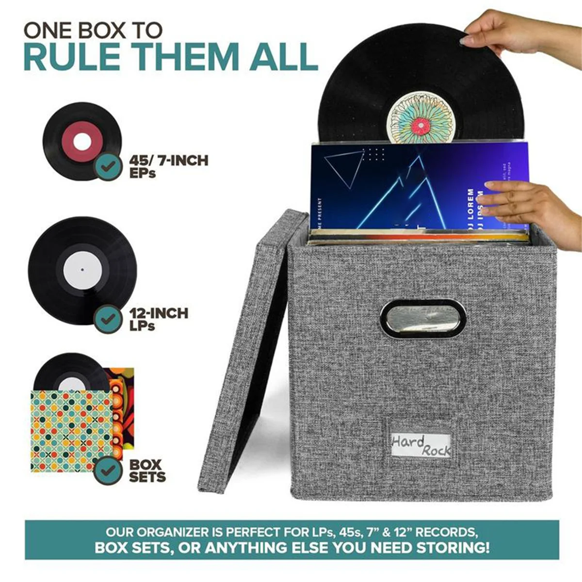 Vinyl Record Storage Box with Lid and Handles 7k