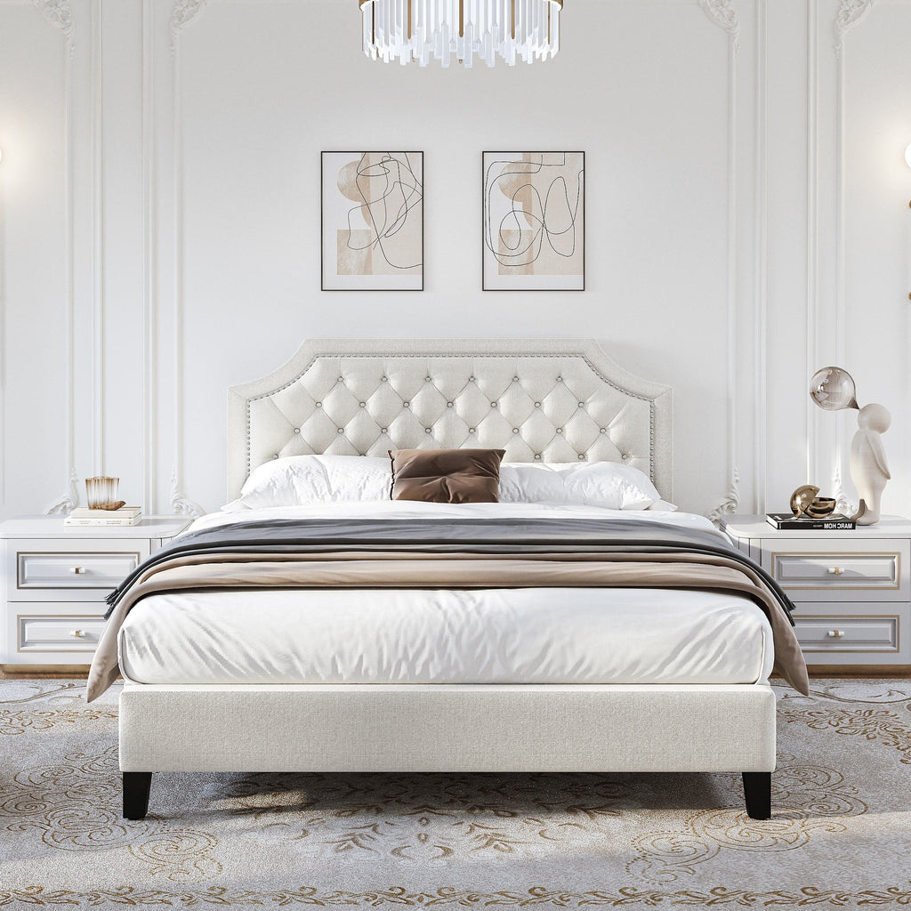 Tufted Upholstered Bed Frame with Adjustable Headboard Grey F7k
