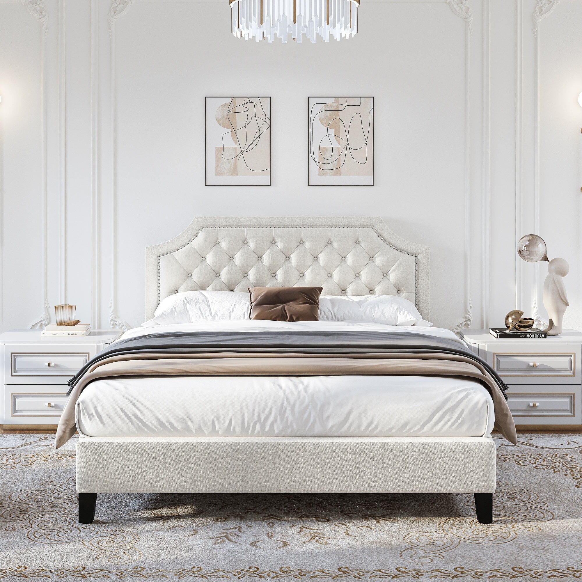 Tufted Upholstered Bed Frame with Adjustable Headboard Grey F7k