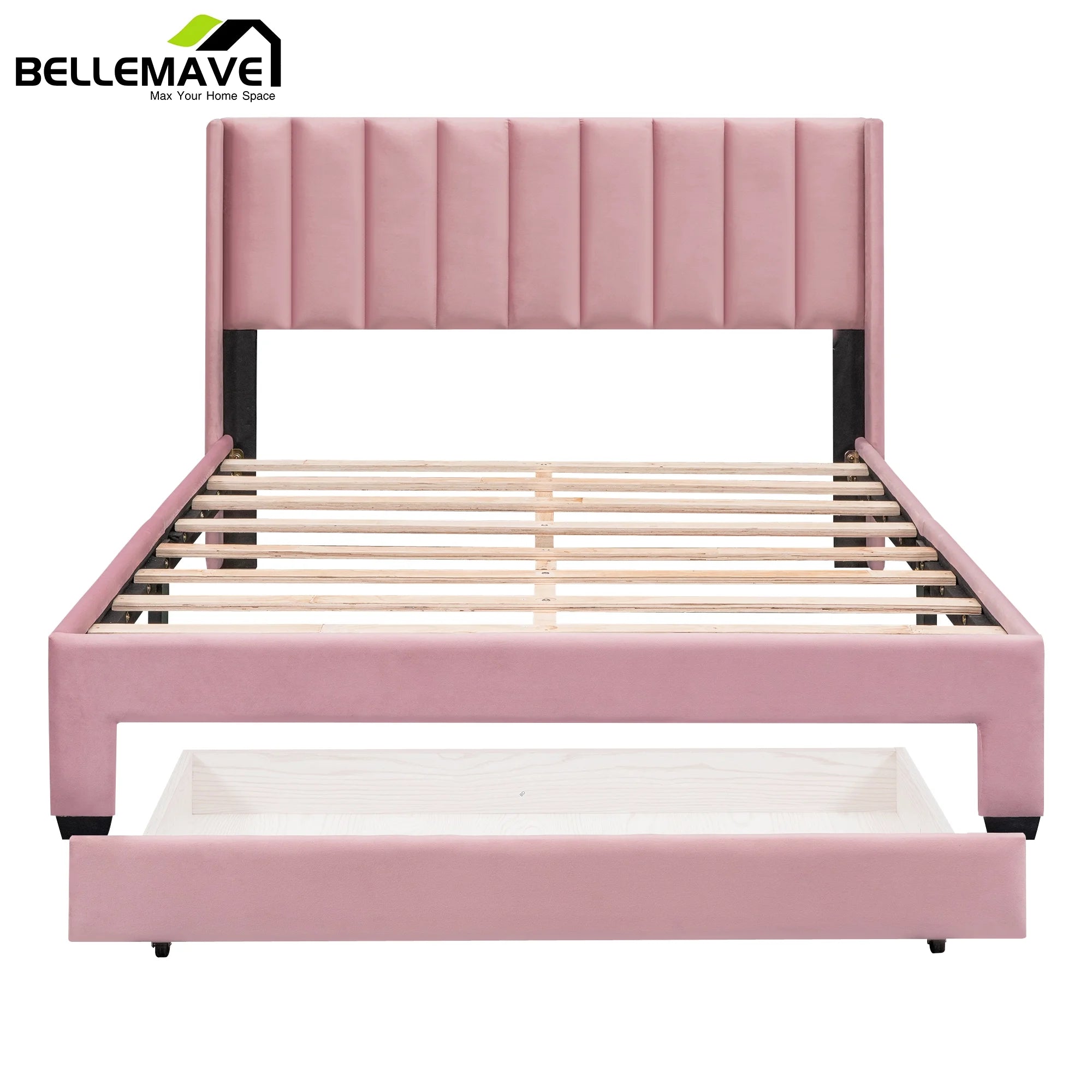 Queen Size Pink Velvet Upholstered Platform Bed with Drawer A7