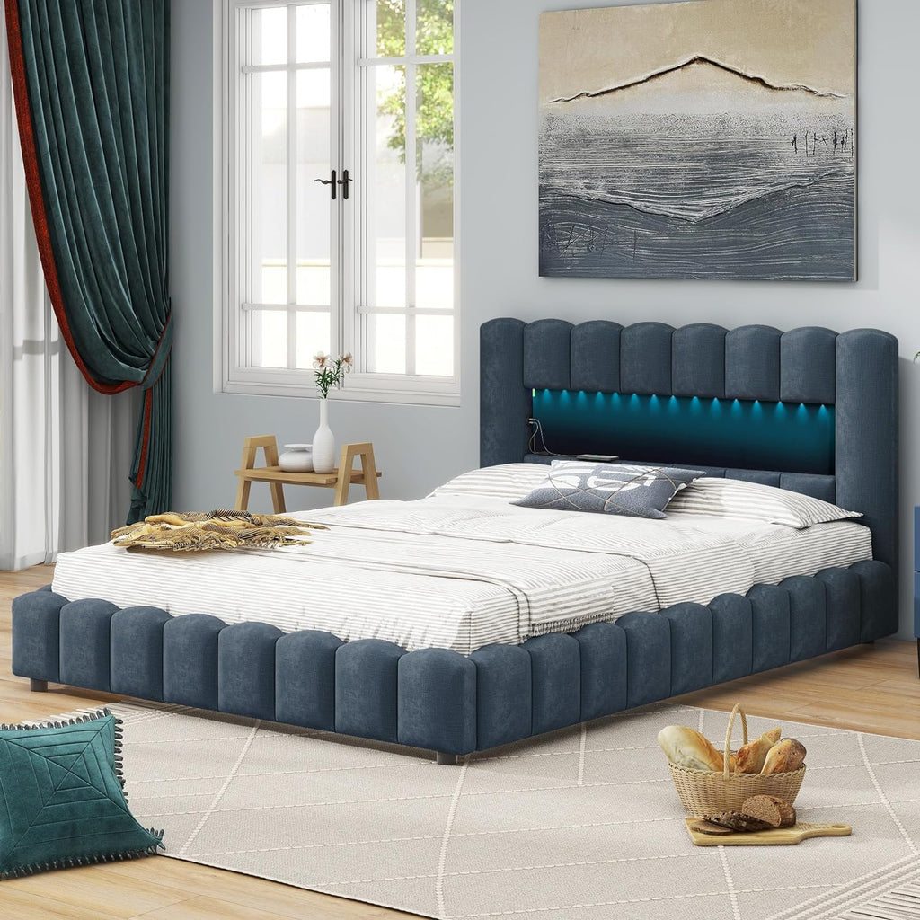 Upholstered Queen Bed with Lift-Up Storage and LED Headboard a7