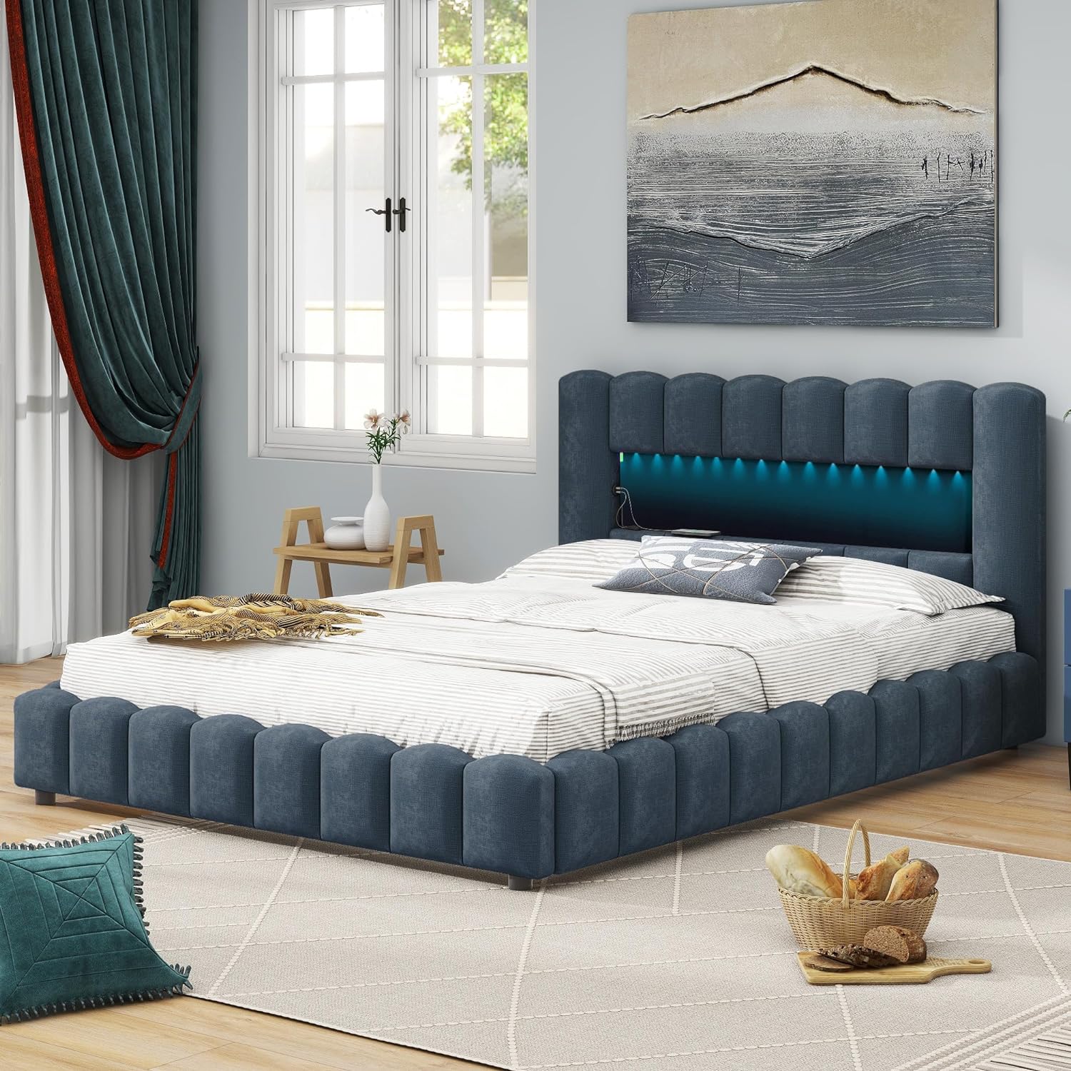 Upholstered Queen Bed with Lift-Up Storage and LED Headboard a7