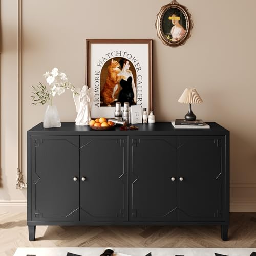 Sideboard Buffet Cabinet with Adjustable Shelves, 4 Shutter Doors, and Silver-Plated Handles, Classic Black Finish, Kitchen Storage Cabinet for Dining Room, Living Room