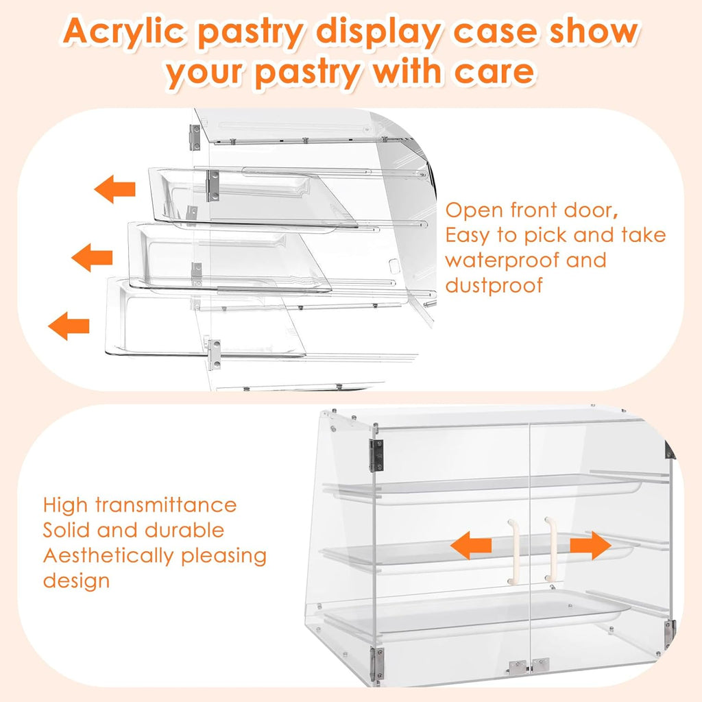 Acrylic Pastry Display Case, 3 Tray Countertop, Rear Door Access 7k