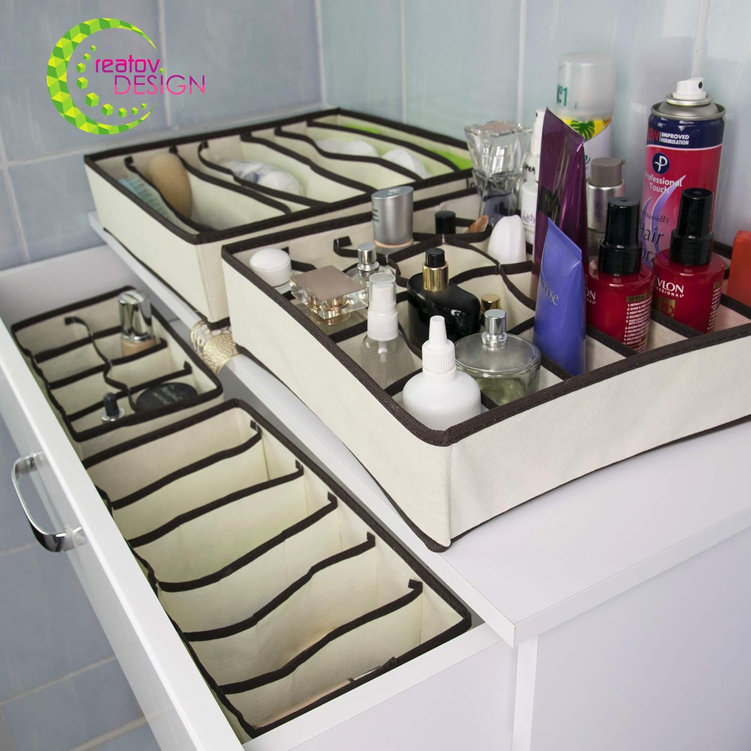 Fabric Storage Box Organizer Set of 4 Beige Collapsible q7