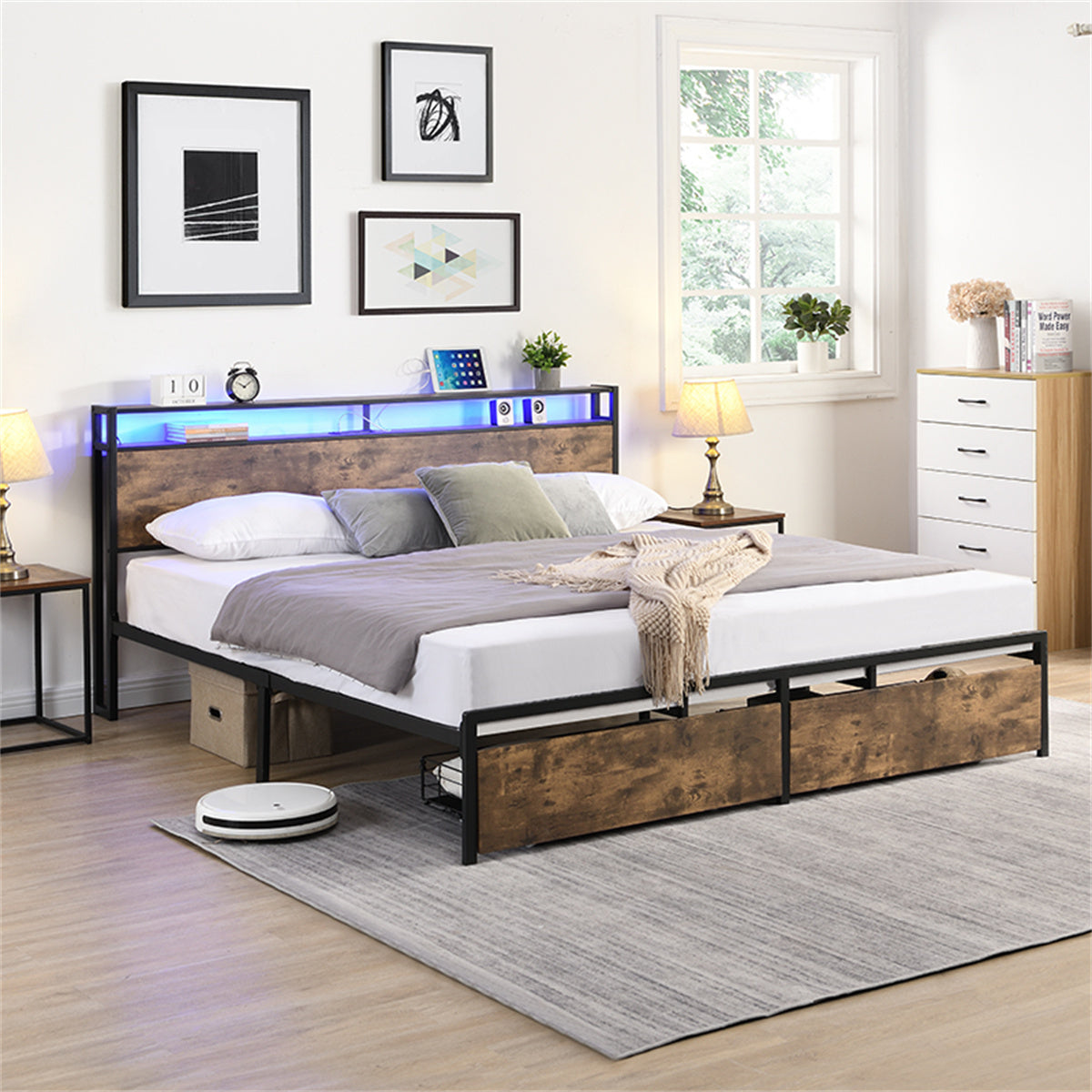 Bed Frame with Storage Headboard and Charging Station k7