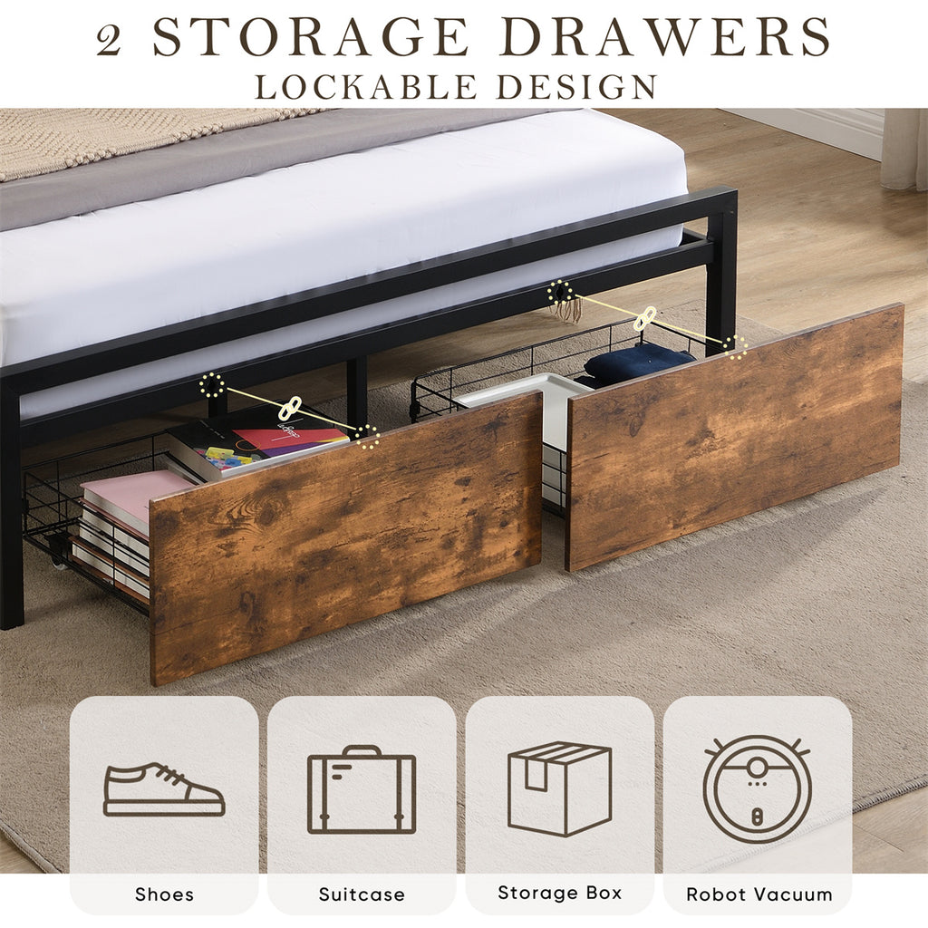 Queen Size Bed Frame with Storage Headboard and Drawers LED Lights A7