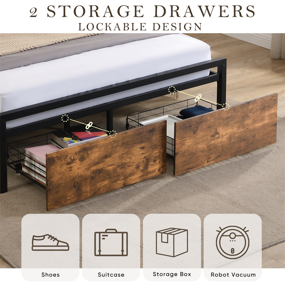 Queen Size Bed Frame with Storage Headboard and Drawers LED Lights A7